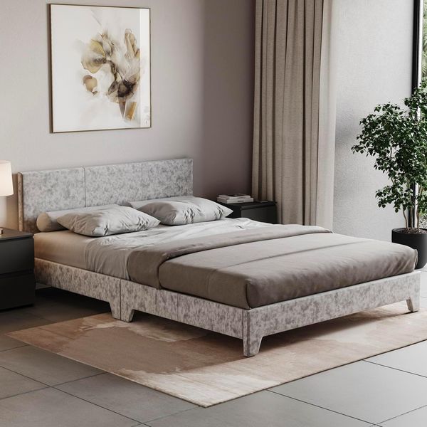 Kingsize Bettgestell 150cm mit silberfarbenem Samt gepolstertem Kopfteil, gepruftes Schlafzimmerbettgestell