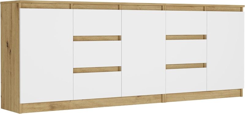 Schmales XXL Sideboard in Artisan-Eiche und Weiss Kombination mit sechs Schubladen und vier Turen, TV- und Aufbewahrungsmobel 200x33x76cm