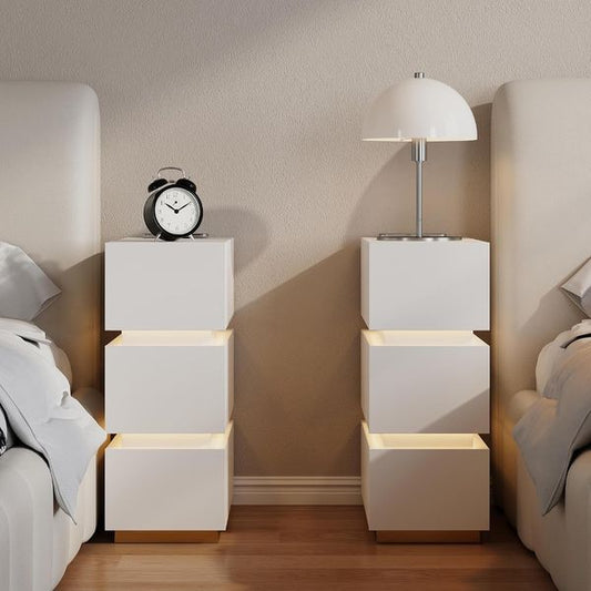 Zwei schmale moderne Smart-Nachttische im Set mit kabellosem Laden, LED-Beleuchtung, Schublade und USB-Anschluss fur das Schlafzimmer
