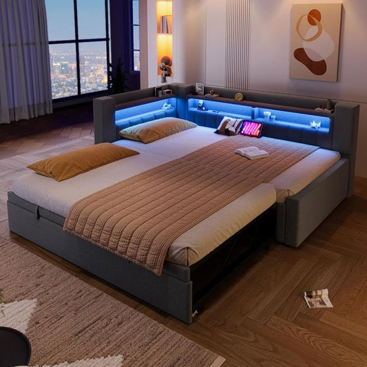 Leinenbezogenes Tagesbett mit ausziehbarem Gastebett, LED-Beleuchtung und USB-Anschluss, wahlweise 90cm oder 180cm Breite, Matratze separat