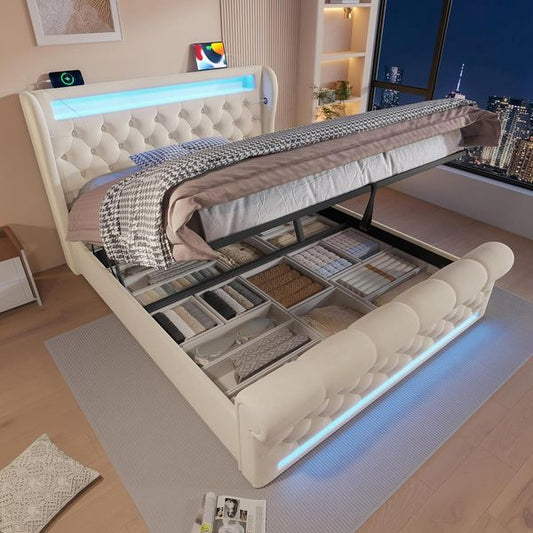 Samtgepolstertes Funktionsdoppelbett 160x200cm mit hydraulischem Unterbettstauraum, LED-Beleuchtung und Ladeanschluss, Holzlattenrost inklusive, Matratze nicht enthalten